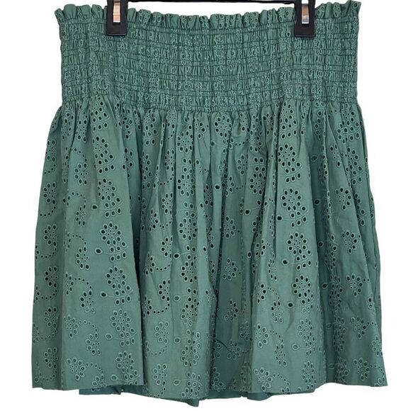 JASON WU Smocked Eyelet Mini Skirt in Olive Green NWT Size Large - Picture 6 of 10